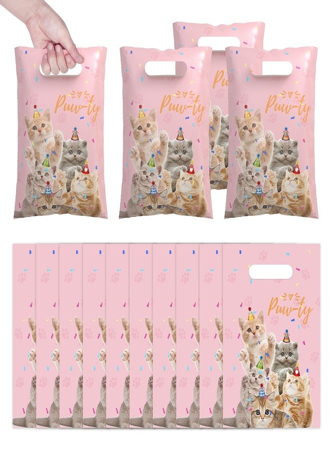 SKEPHWSKA 50Pcs Cat Party Favor Bags Cute Cat Themed Birthday Party Supplies Pink Waterproof Goodies Bags with Handles Thickened Pet Paws Plastic Candy Gift Bags for Kids Birthday Party Decoration and Classroom - Image 1